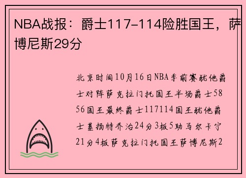 NBA战报：爵士117-114险胜国王，萨博尼斯29分